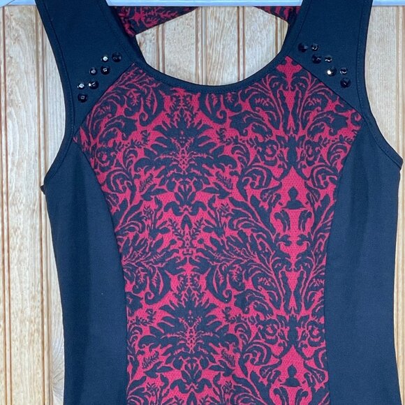 Maurices Black Red Rhinestone Bow Top Sleeveless Blouse Scroll Floral Small 4 6 - Picture 3 of 9